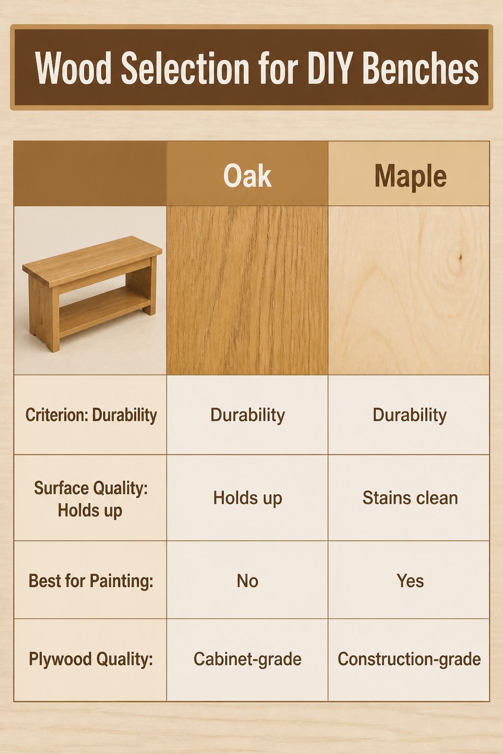 DIY Entryway Bench: How to Build One in 6 Steps (2026) 8 An informative image on wood selection for DIY benches.