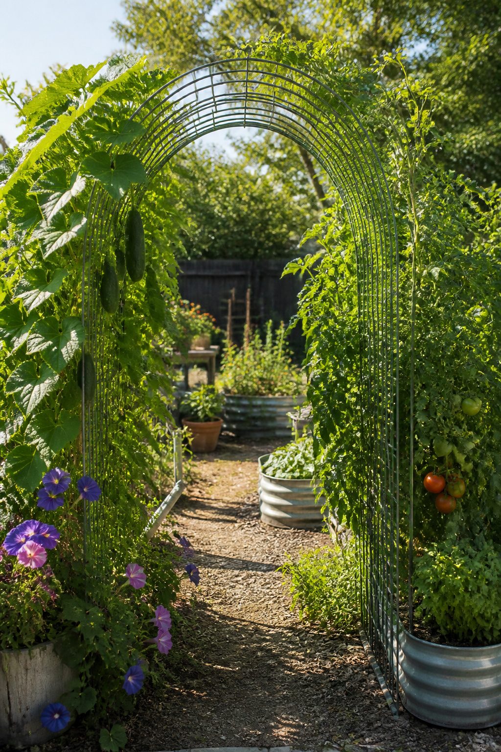 An assortment of climbing plants growing on a trellis arch.