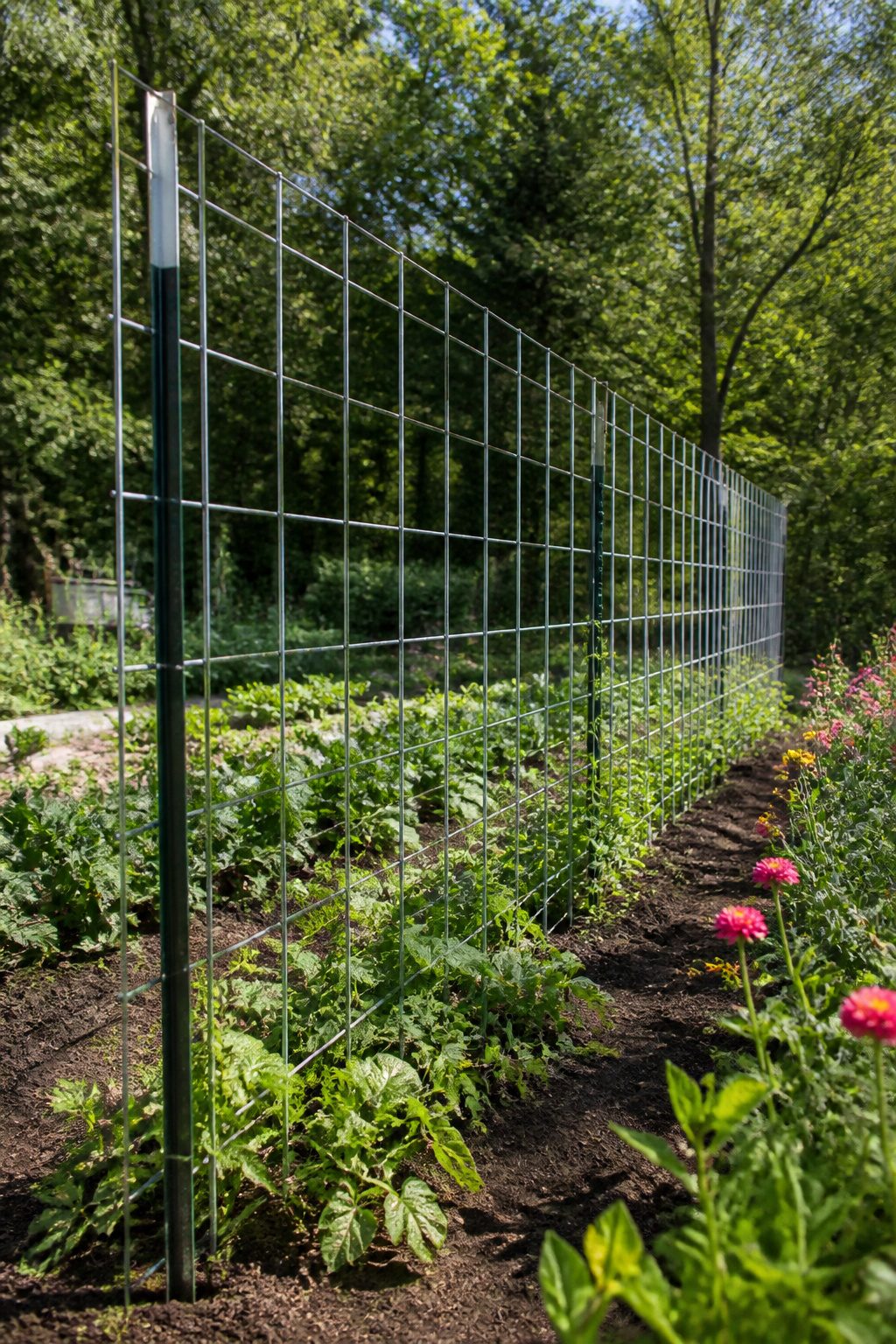 A cattle panel positioned over T-posts in a garden setting.