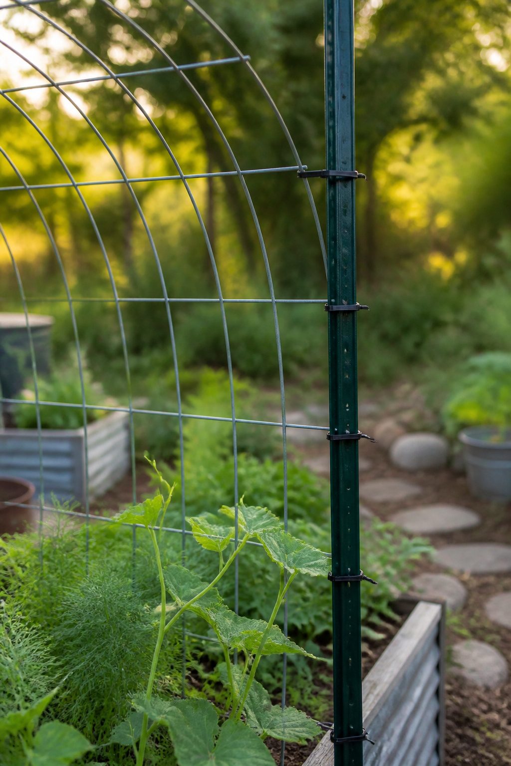 Close-up of zip ties securing the cattle panel to T-posts.