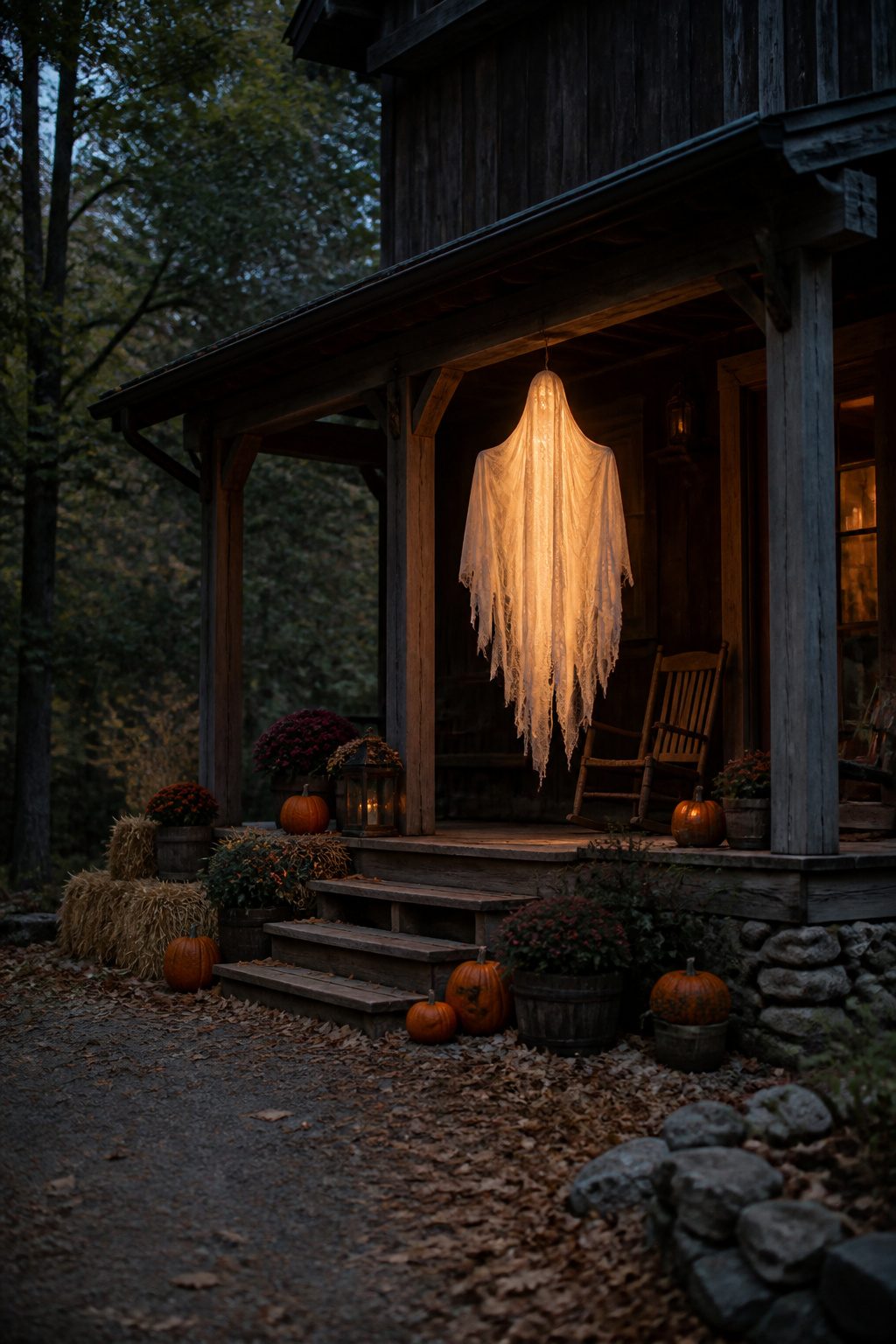 15 DIY Halloween Decorations for a Spooky 2026 1 Translucent cheesecloth ghost decorations suspended from a porch beam.