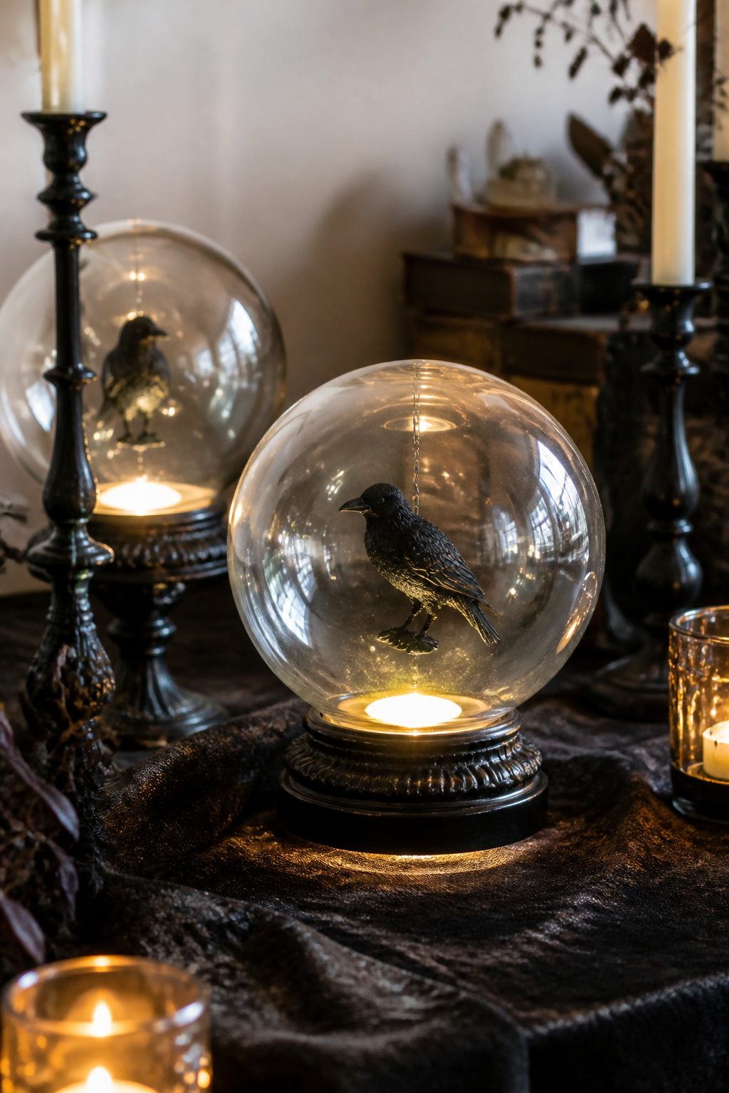 15 DIY Halloween Decorations for a Spooky 2026 15 Light fixture globe weighted and illuminated with a plastic raven inside.