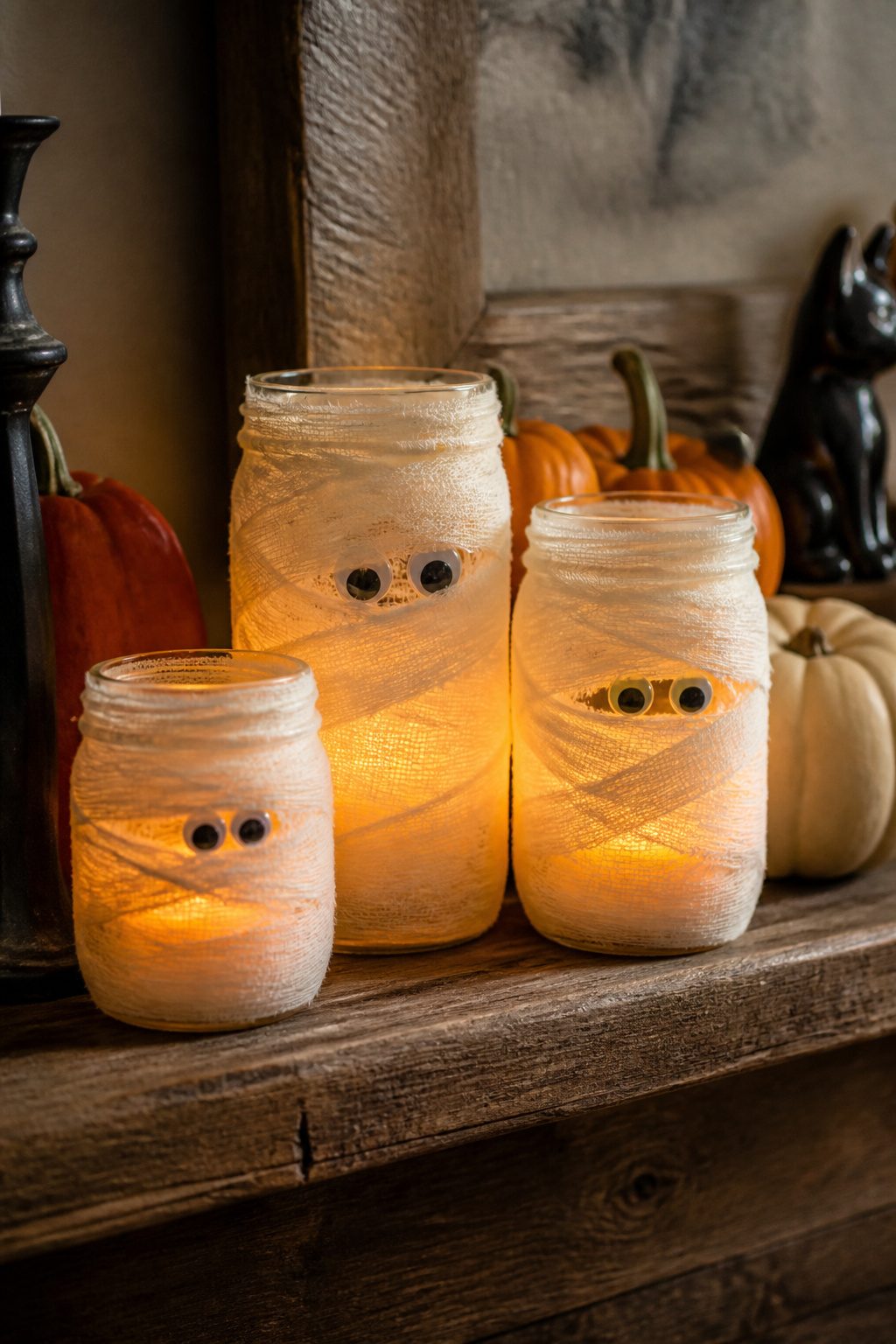 15 DIY Halloween Decorations for a Spooky 2026 6 Glass jars and candles wrapped in gauze strips, resembling mummies.