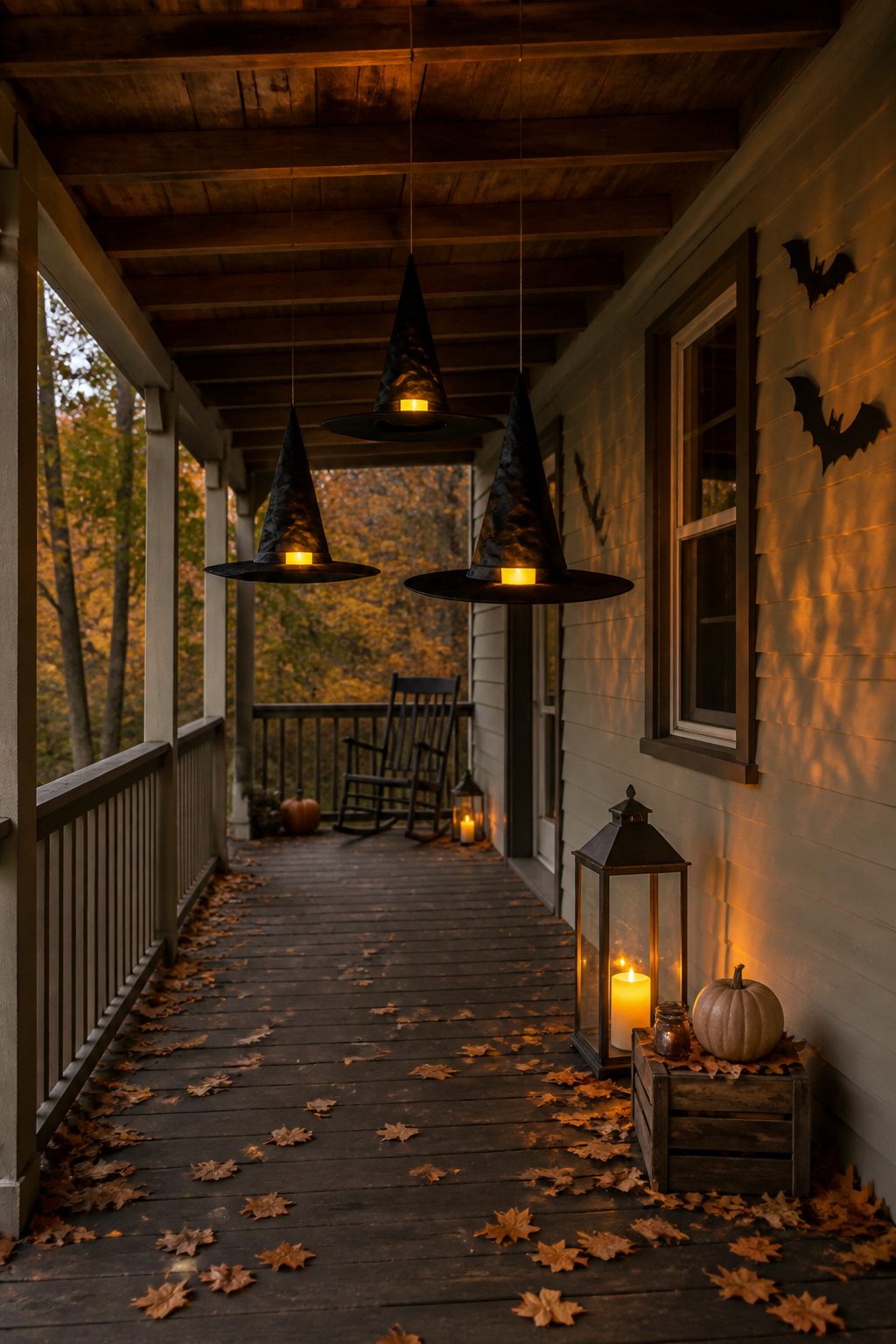 15 DIY Halloween Decorations for a Spooky 2026 4 Witch hats suspended from a ceiling, weighted and lit with battery tea lights.