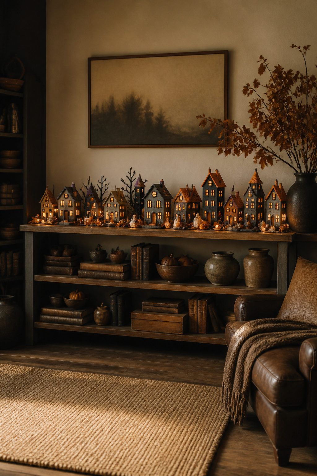 15 DIY Halloween Decorations for a Spooky 2026 12 Cardboard Halloween village with small houses and battery-operated fairy lights.
