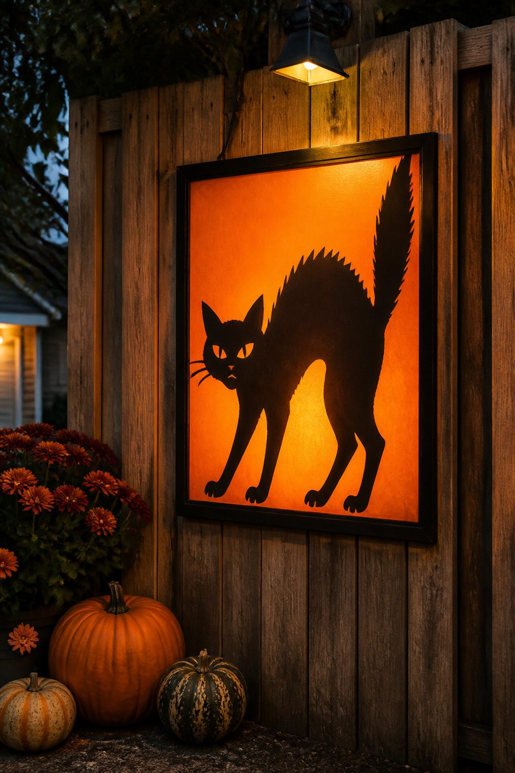 15 DIY Halloween Decorations for a Spooky 2026 11 Black cat silhouette cutout backed with orange tissue paper in a frame.