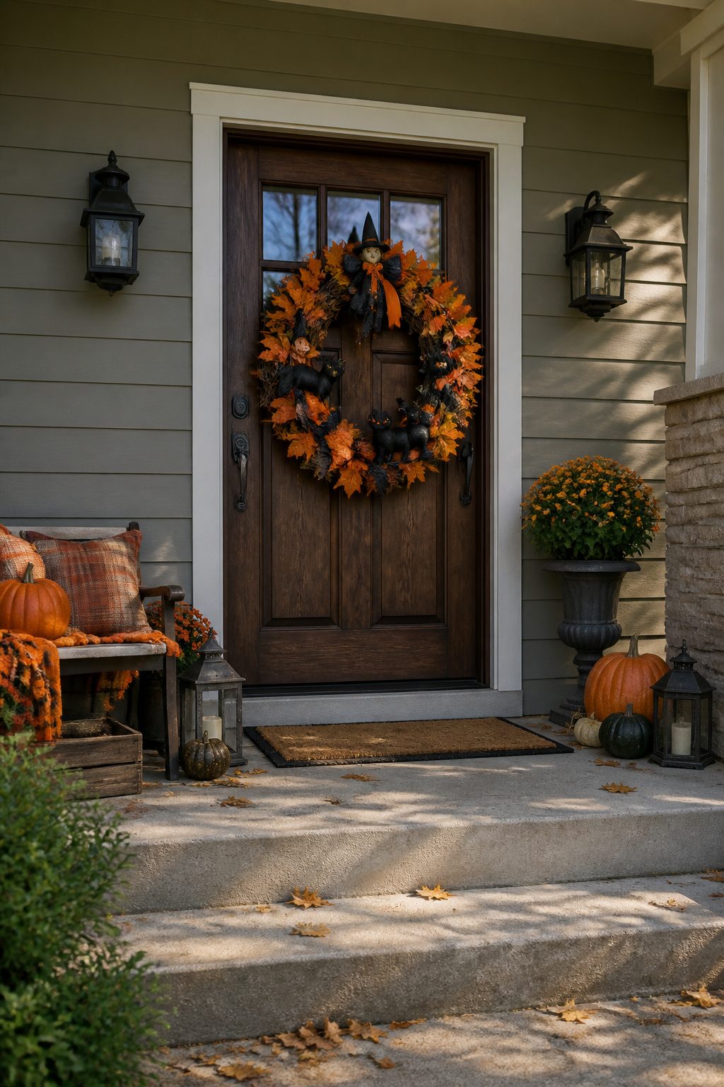 15 DIY Halloween Decorations for a Spooky 2026 8 Grapevine wreath decorated with faux leaves and miniature Halloween figures.