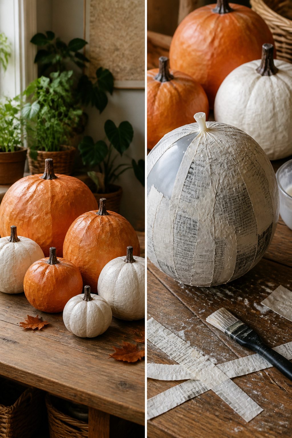 15 DIY Halloween Decorations for a Spooky 2026 2 Colorful paper mache pumpkins made from newspaper and flour paste.