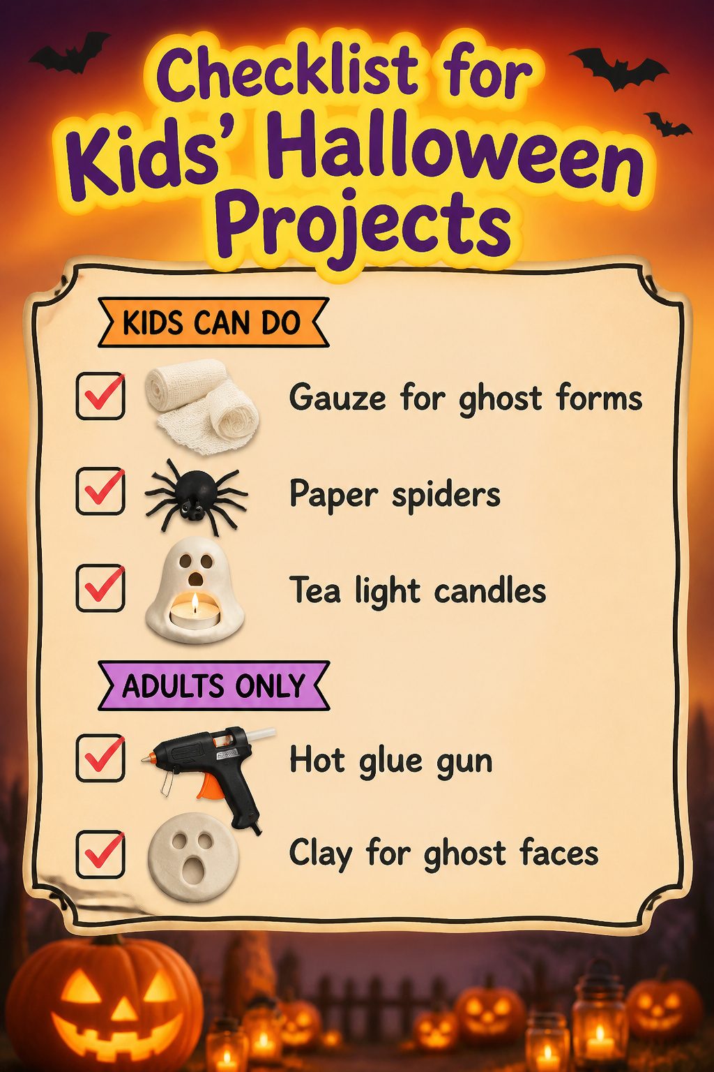 15 DIY Halloween Decorations for a Spooky 2026 17 Checklist outlining suitable Halloween projects for children to participate in.