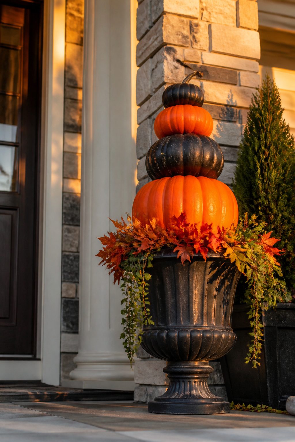 15 DIY Halloween Decorations for a Spooky 2026 5 Vertical display of stacked foam pumpkins in a planter on a porch.