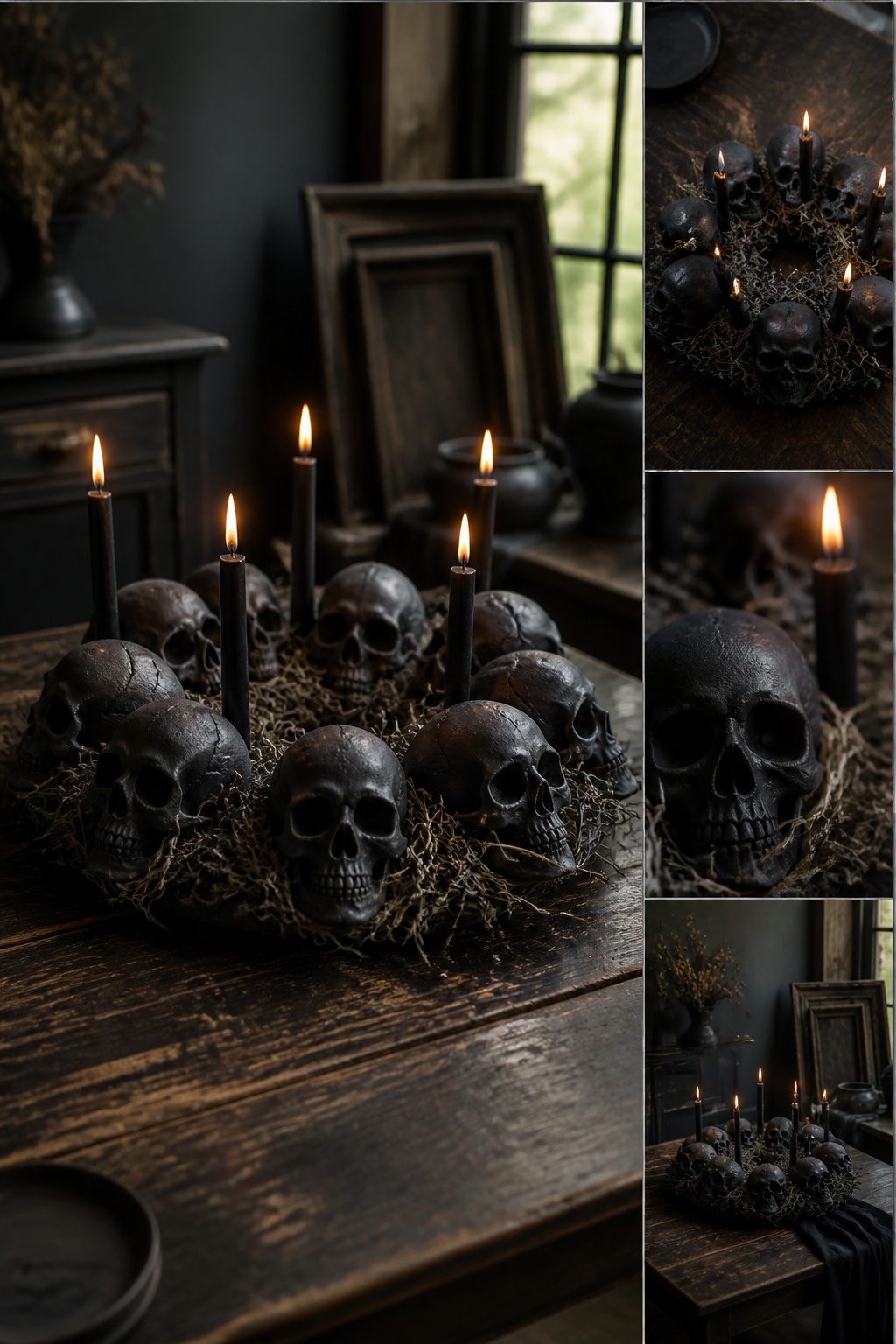 15 DIY Halloween Decorations for a Spooky 2026 7 Foam skulls painted and adorned with rhinestones for Halloween decor.