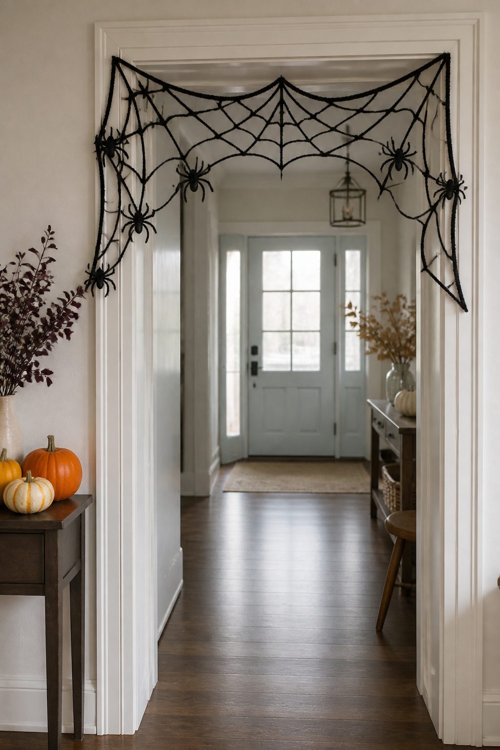 15 DIY Halloween Decorations for a Spooky 2026 3 Spider web garland made of puff paint draped across a doorway.