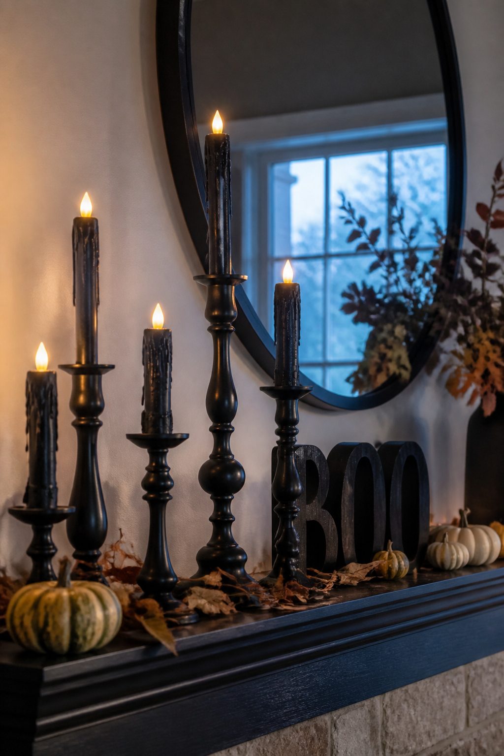 15 DIY Halloween Decorations for a Spooky 2026 10 Matte black candlesticks with battery candles arranged on a dark wood mantel.