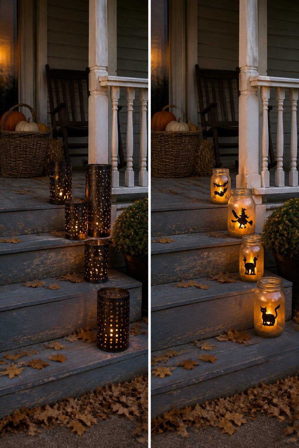 15 DIY Halloween Decorations for a Spooky 2026 14 Metal lanterns with punched designs casting shadows along a walkway.