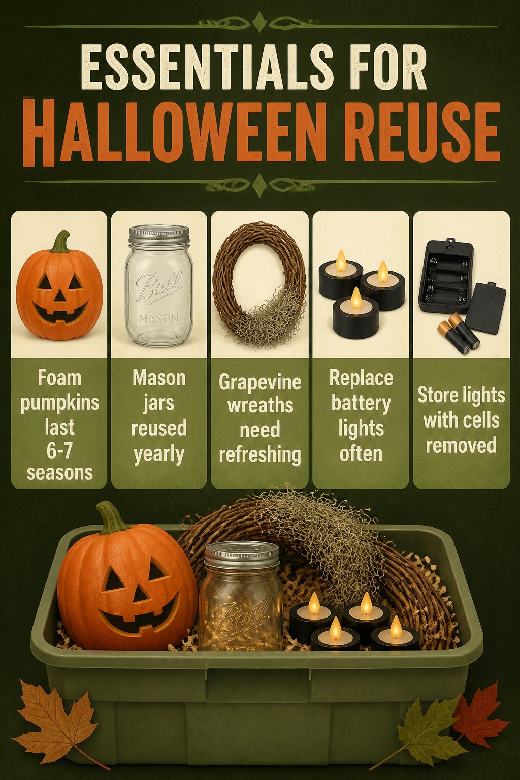 15 DIY Halloween Decorations for a Spooky 2026 18 Storage of reusable Halloween decorations, including pumpkins and lights.