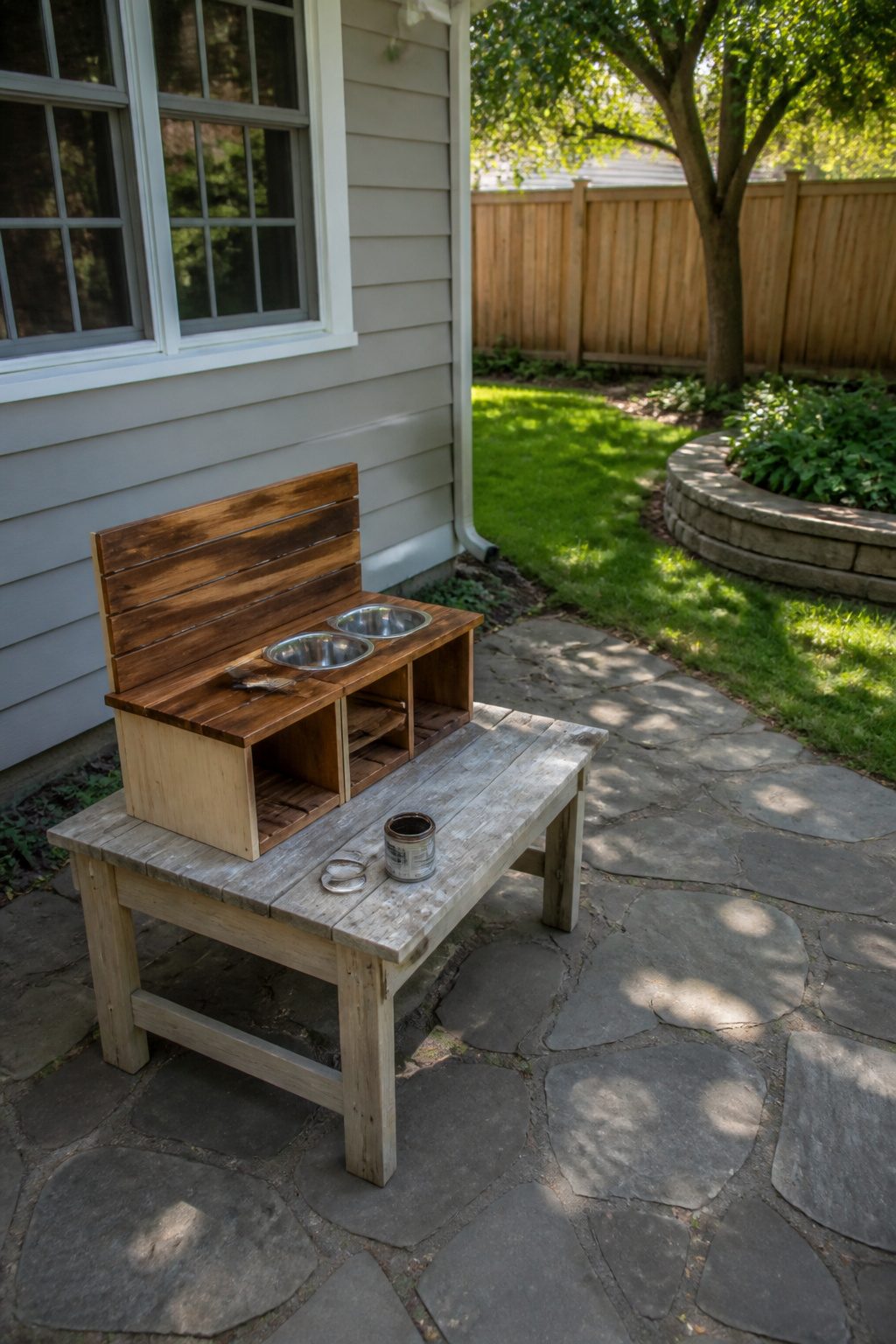 A brush applies a water-based stain to the wooden structure.