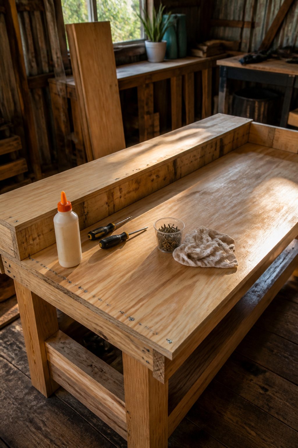 A worktop made of plywood with tools and screws scattered around.