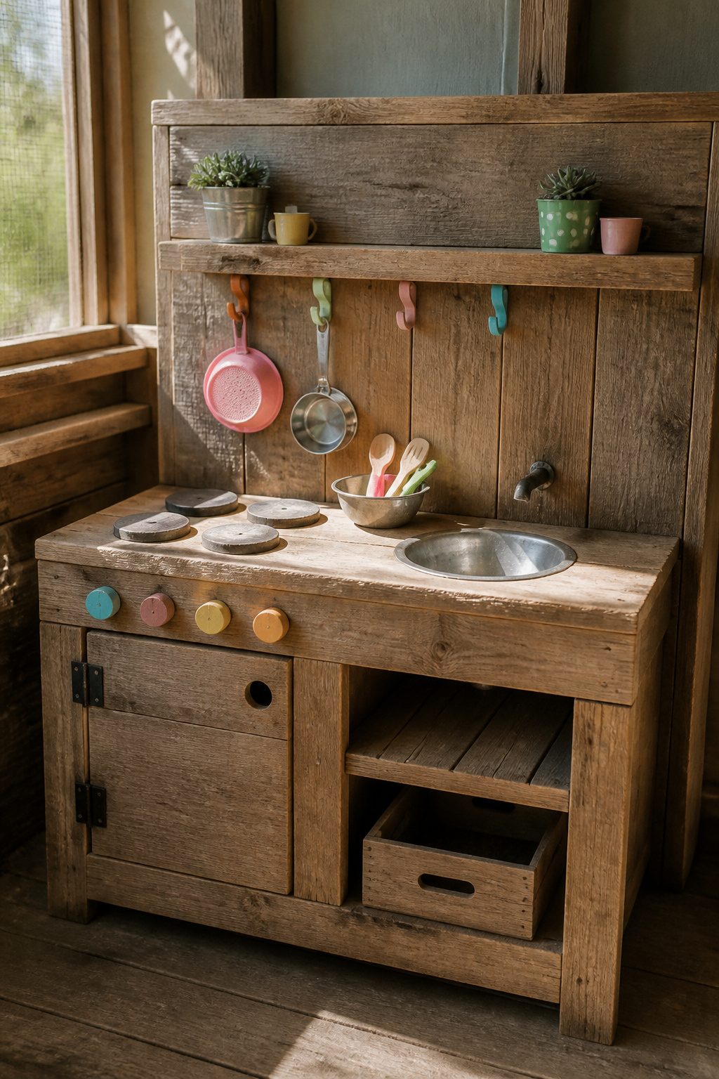Colorful painted details on the mud kitchen with play utensils displayed.