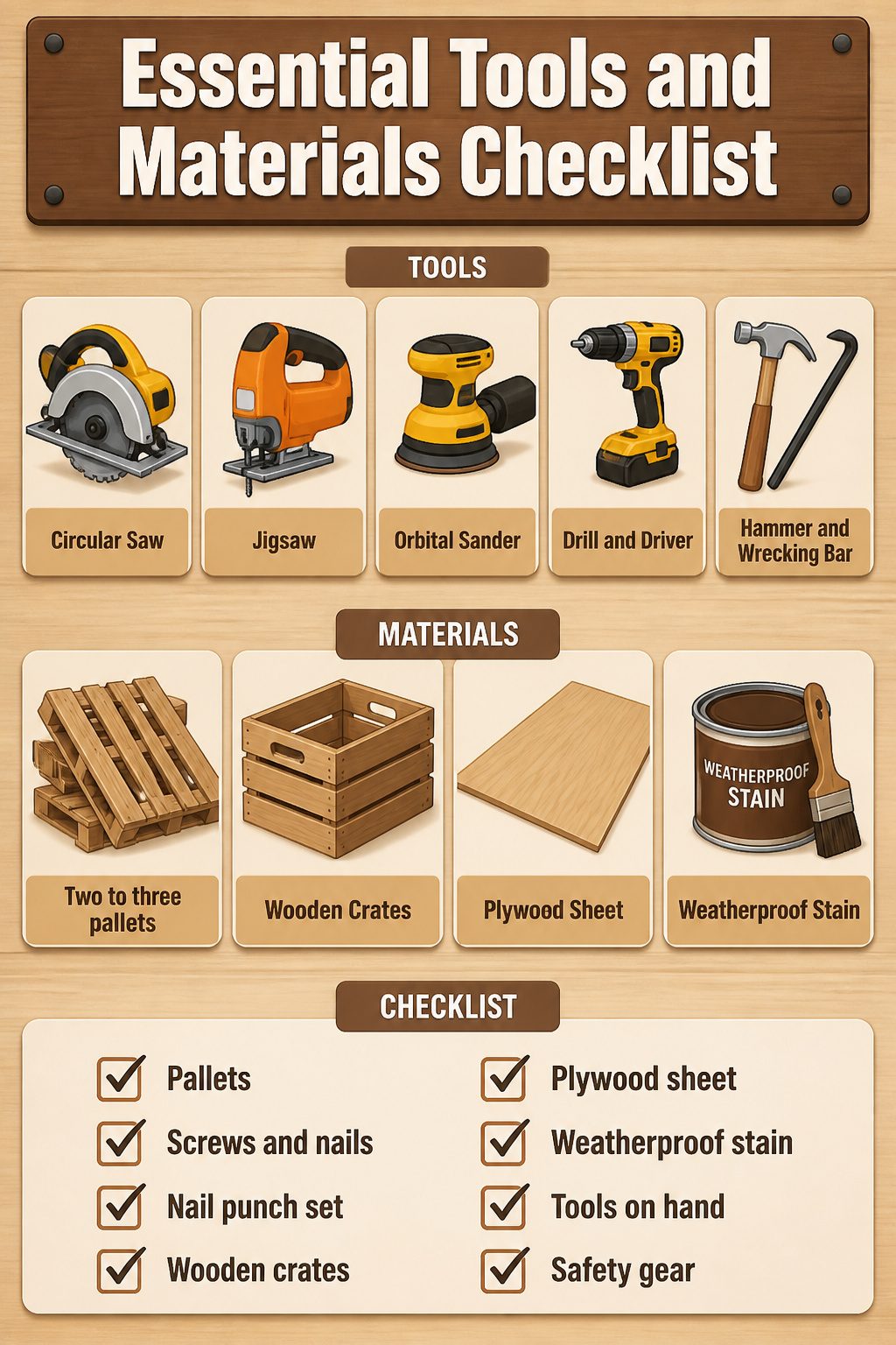 A checklist of tools and materials for constructing a mud kitchen.