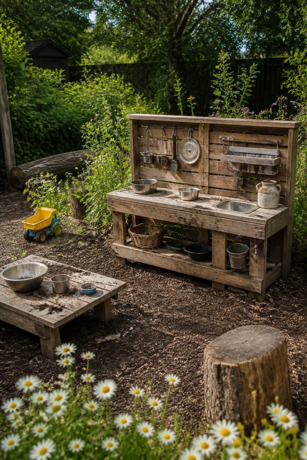 A wide shot of a mud kitchen set in a lively backyard environment.