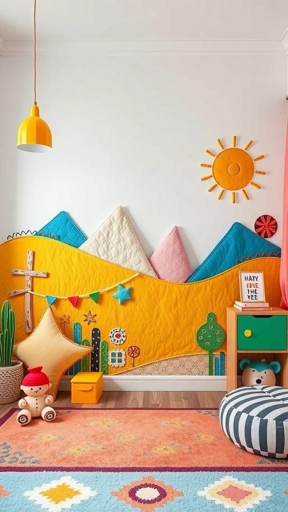 8 DIY Playroom Wall Art Ideas: Projects Kids Help Build 4 Fabric mountain-shaped wall hangings in bright colors decorate a child's playroom wall.
