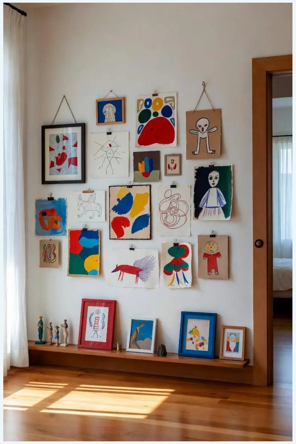 8 DIY Playroom Wall Art Ideas: Projects Kids Help Build 1 Children's colorful drawings and framed artworks displayed on a white wall above a wooden ledge.