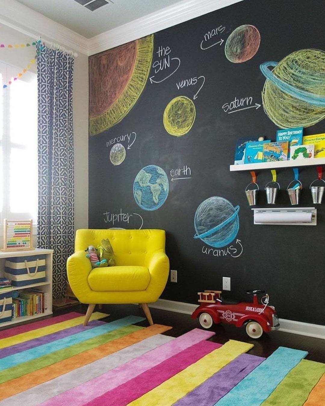 8 DIY Playroom Wall Art Ideas: Projects Kids Help Build 3 Chalk drawings of planets and the sun on a large black chalkboard wall in a playroom.
