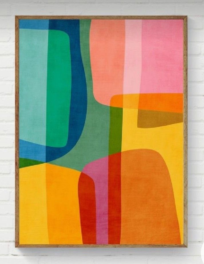 8 DIY Playroom Wall Art Ideas: Projects Kids Help Build 5 Abstract colorful wall art with large organic shapes in pink, orange, yellow, and blue tones.