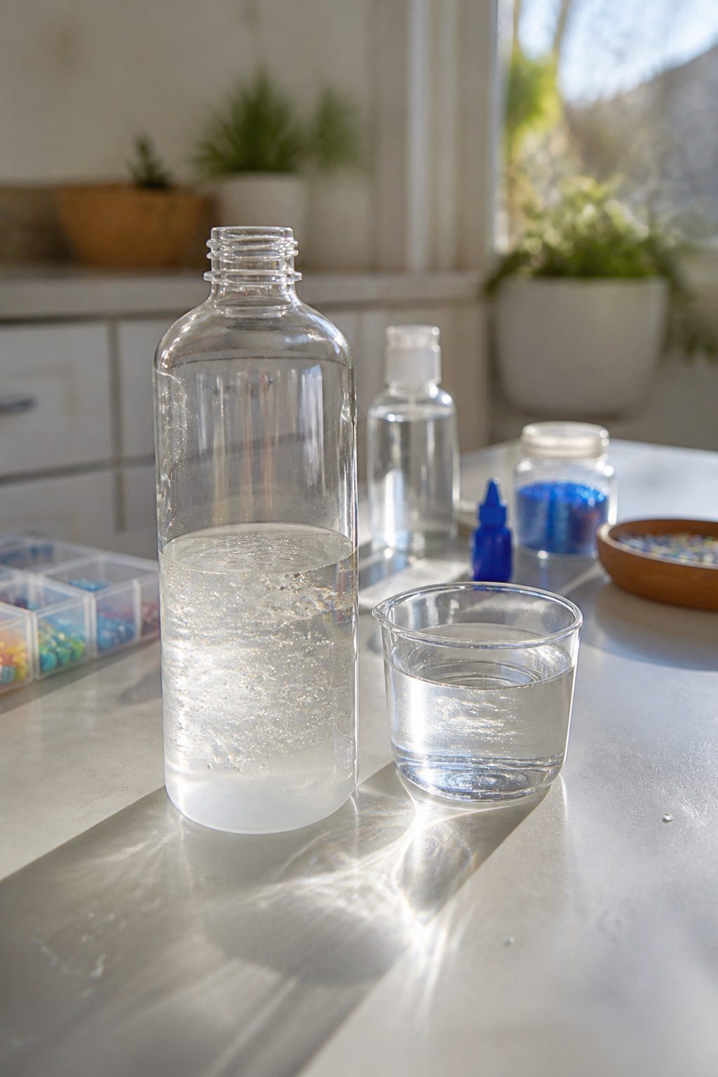 DIY Sensory Bottles: How to Make Them, Step by Step 3 A bottle filled with clear glue and water on a kitchen counter.