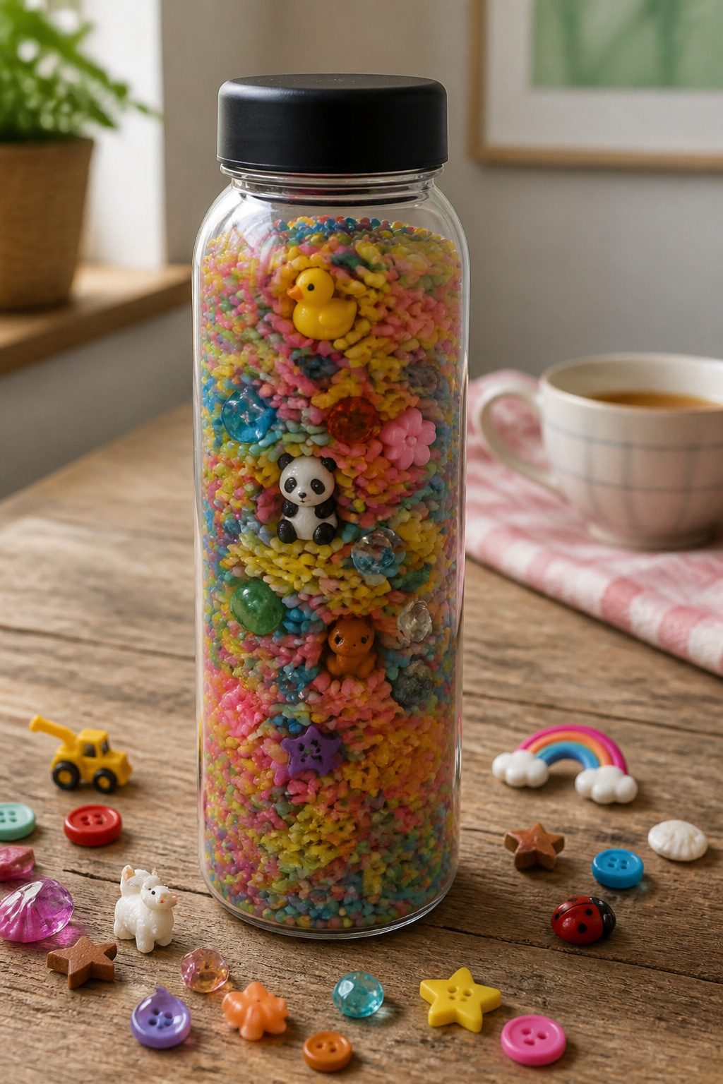 DIY Sensory Bottles: How to Make Them, Step by Step 11 A bottle filled with rice and hidden small objects inside.