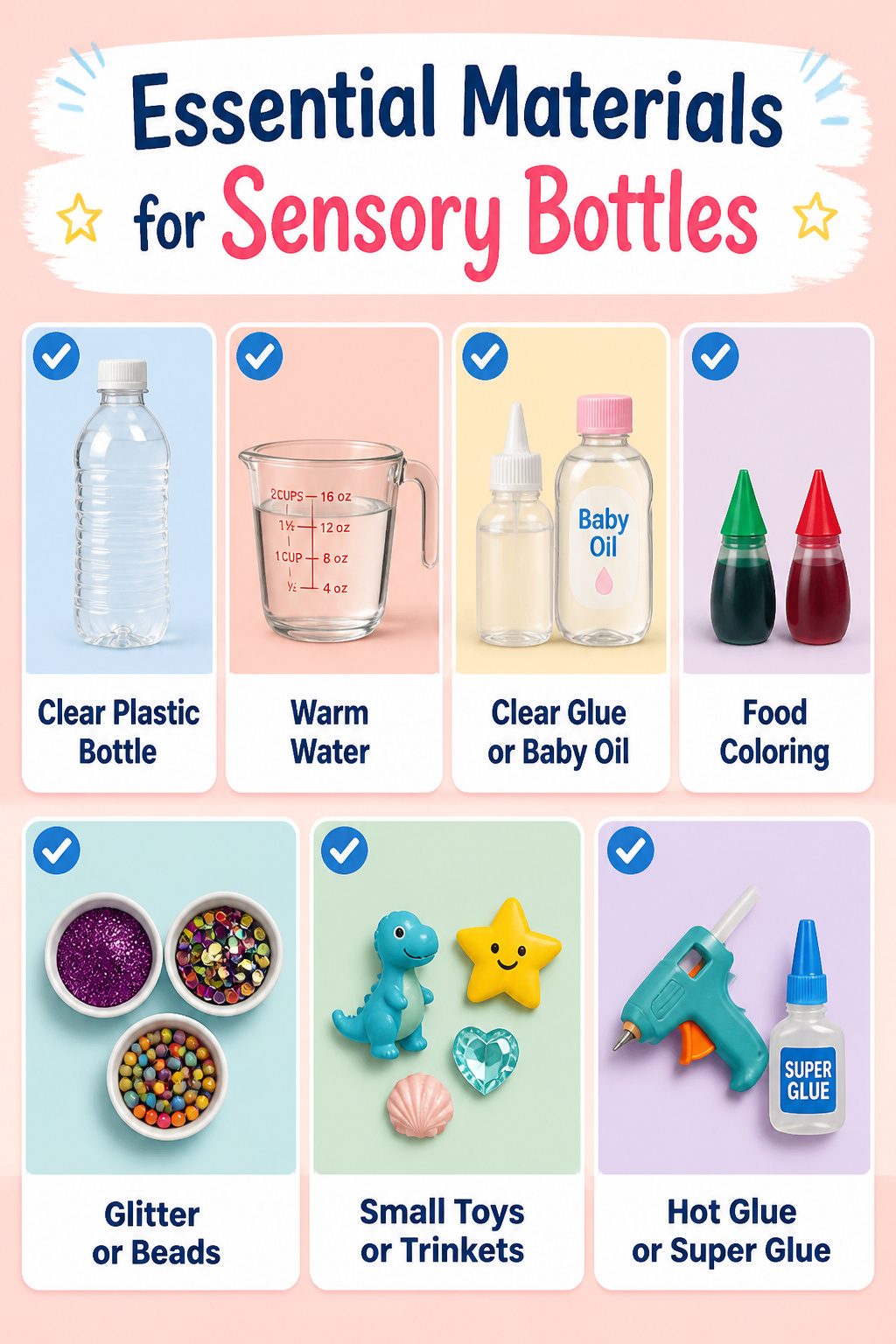 DIY Sensory Bottles: How to Make Them, Step by Step 13 A collection of materials needed to create sensory bottles.