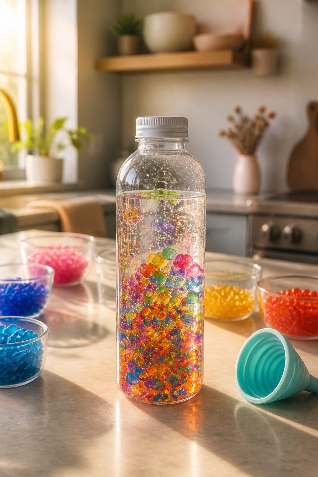 DIY Sensory Bottles: How to Make Them, Step by Step 8 A bottle filled with colorful hydrated water beads.