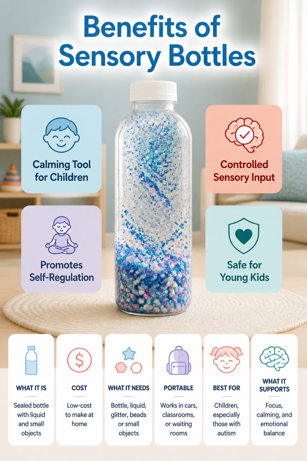 DIY Sensory Bottles: How to Make Them, Step by Step 12 An information graphic explaining the benefits of sensory bottles.