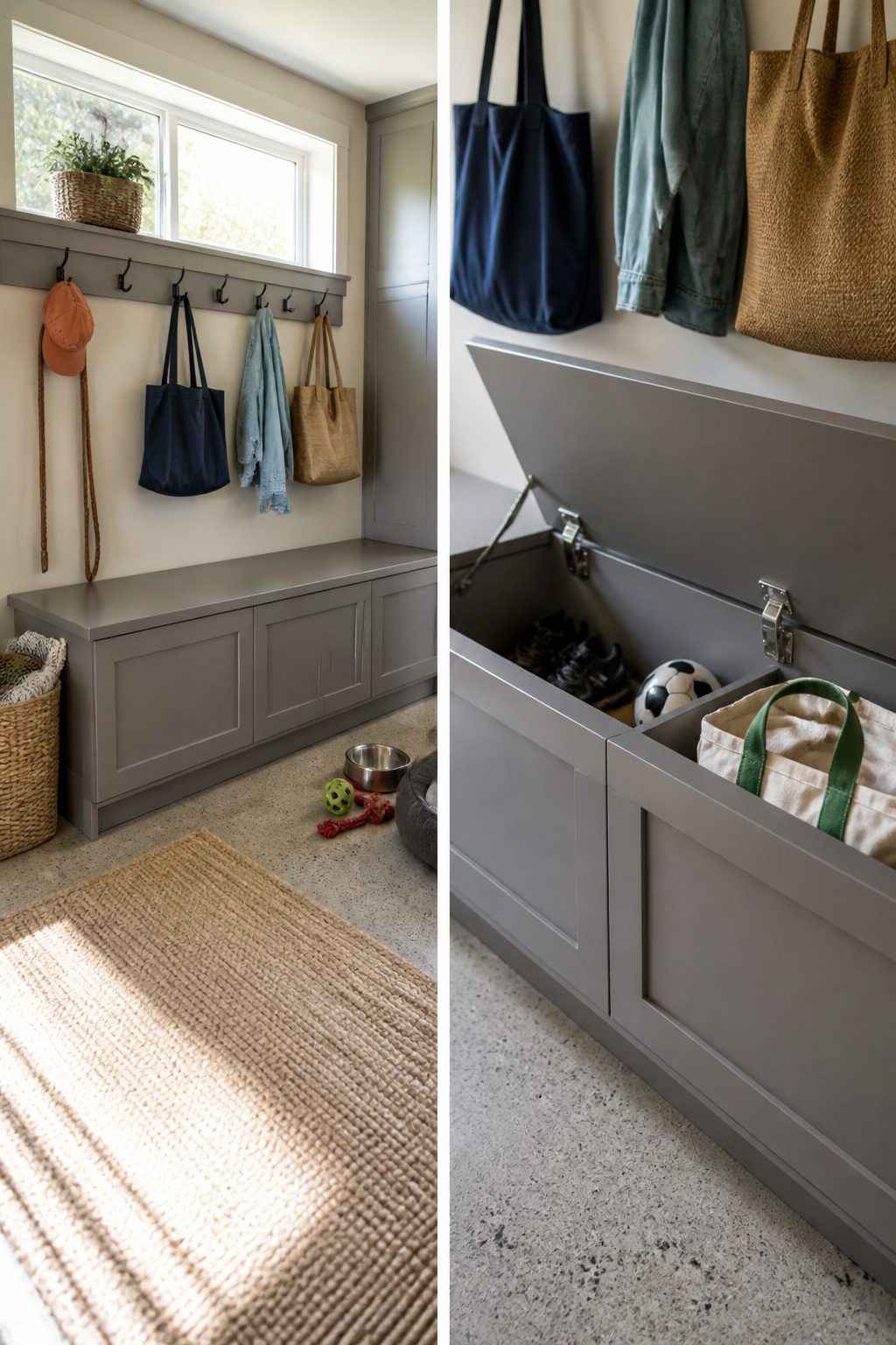 Garage Drop Zone: How to Plan and Build the Right Setup 6 A storage bench with a hinged lid in a garage drop zone.