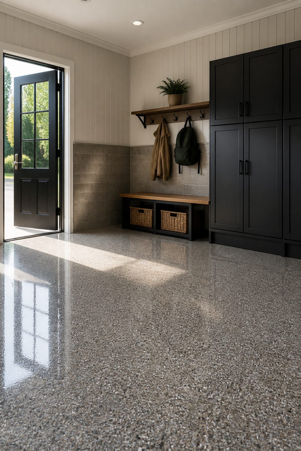 Garage Drop Zone: How to Plan and Build the Right Setup 8 Tile and sealed hardwood used in a functional garage drop zone.