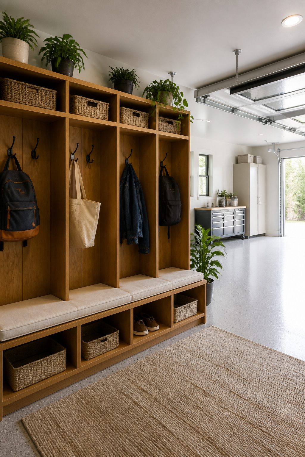 Garage Drop Zone: How to Plan and Build the Right Setup 7 A spacious drop zone with labeled cubbies and hooks for each family member.