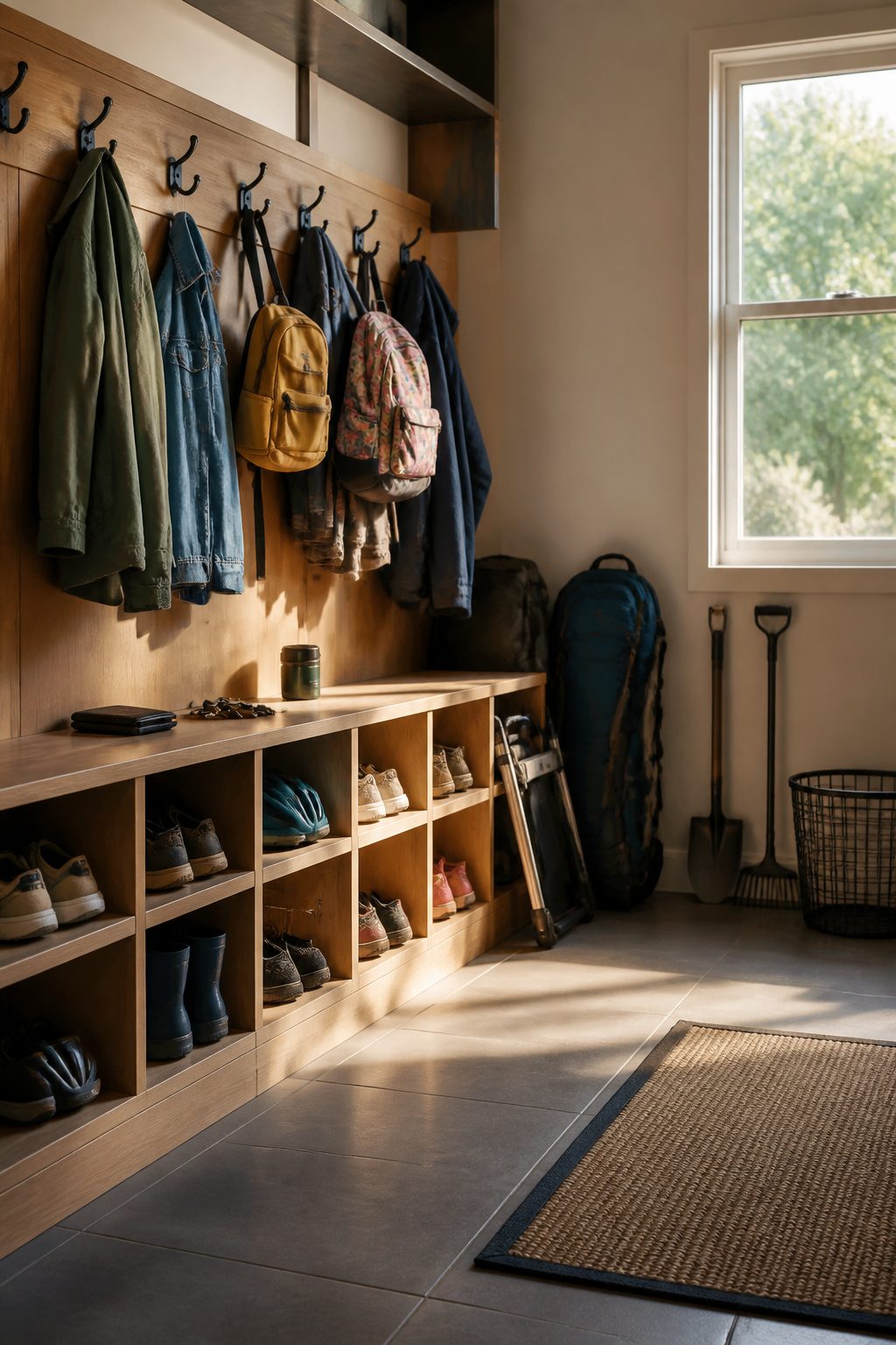 Garage Drop Zone: How to Plan and Build the Right Setup 3 A drop zone with hooks and cubbies for shoes and bags.