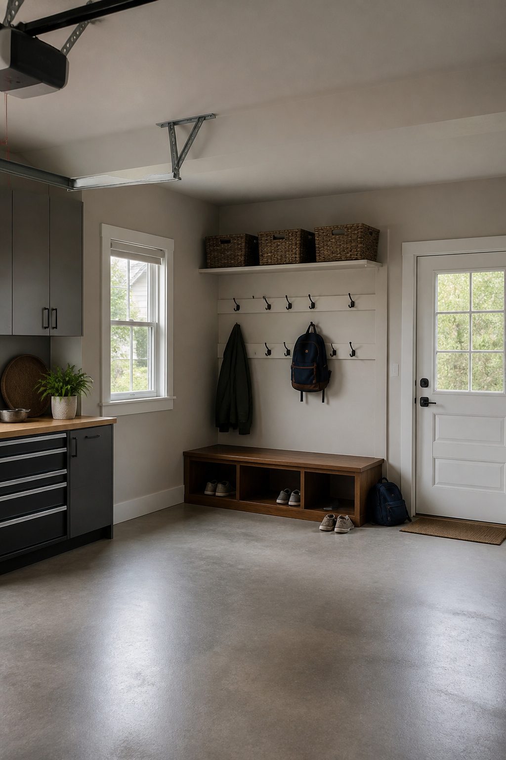 Garage Drop Zone: How to Plan and Build the Right Setup 1 A garage wall with shoes and bags placed near the door.