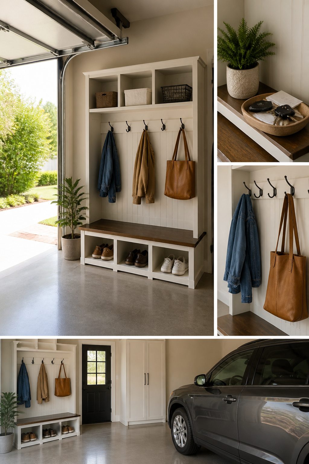 Garage Drop Zone: How to Plan and Build the Right Setup 9 Organized drop zone with shoes, jackets, and keys in a garage.
