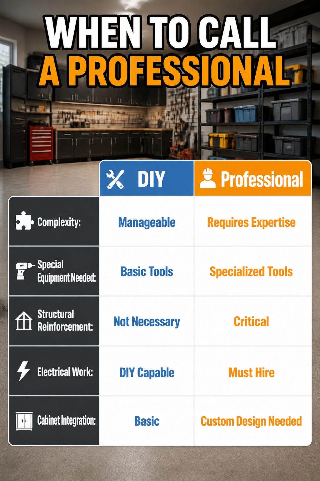 Garage Drop Zone: How to Plan and Build the Right Setup 10 An information image about when to call a professional for garage work.