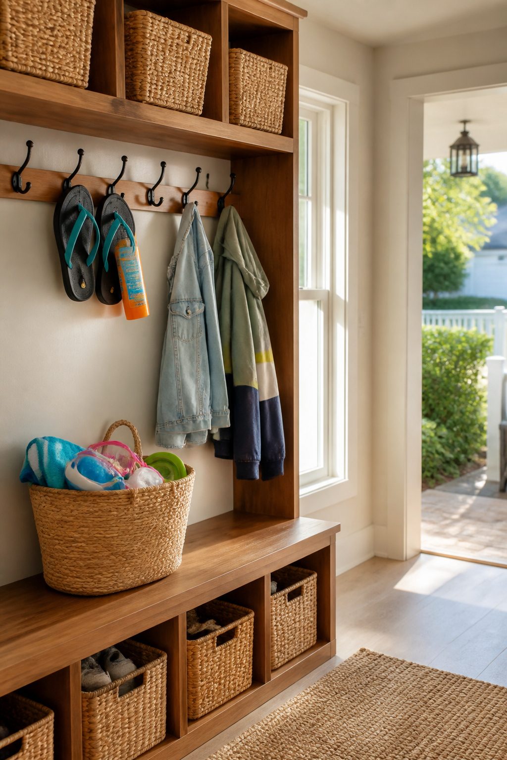 What Is a Drop Zone in a House? 6 Practical Ideas for 2026 9 A drop zone displaying seasonal items like sunscreen and flip-flops.