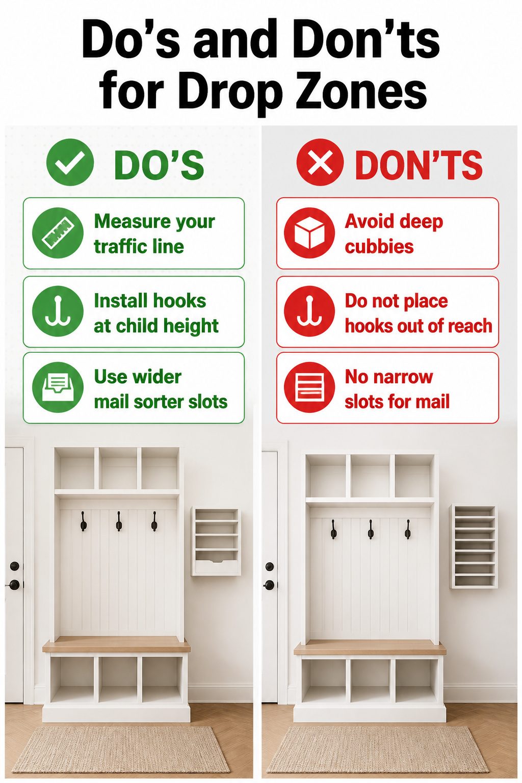 What Is a Drop Zone in a House? 6 Practical Ideas for 2026 8 Cubbies protruding into a narrow hallway in a drop zone.
