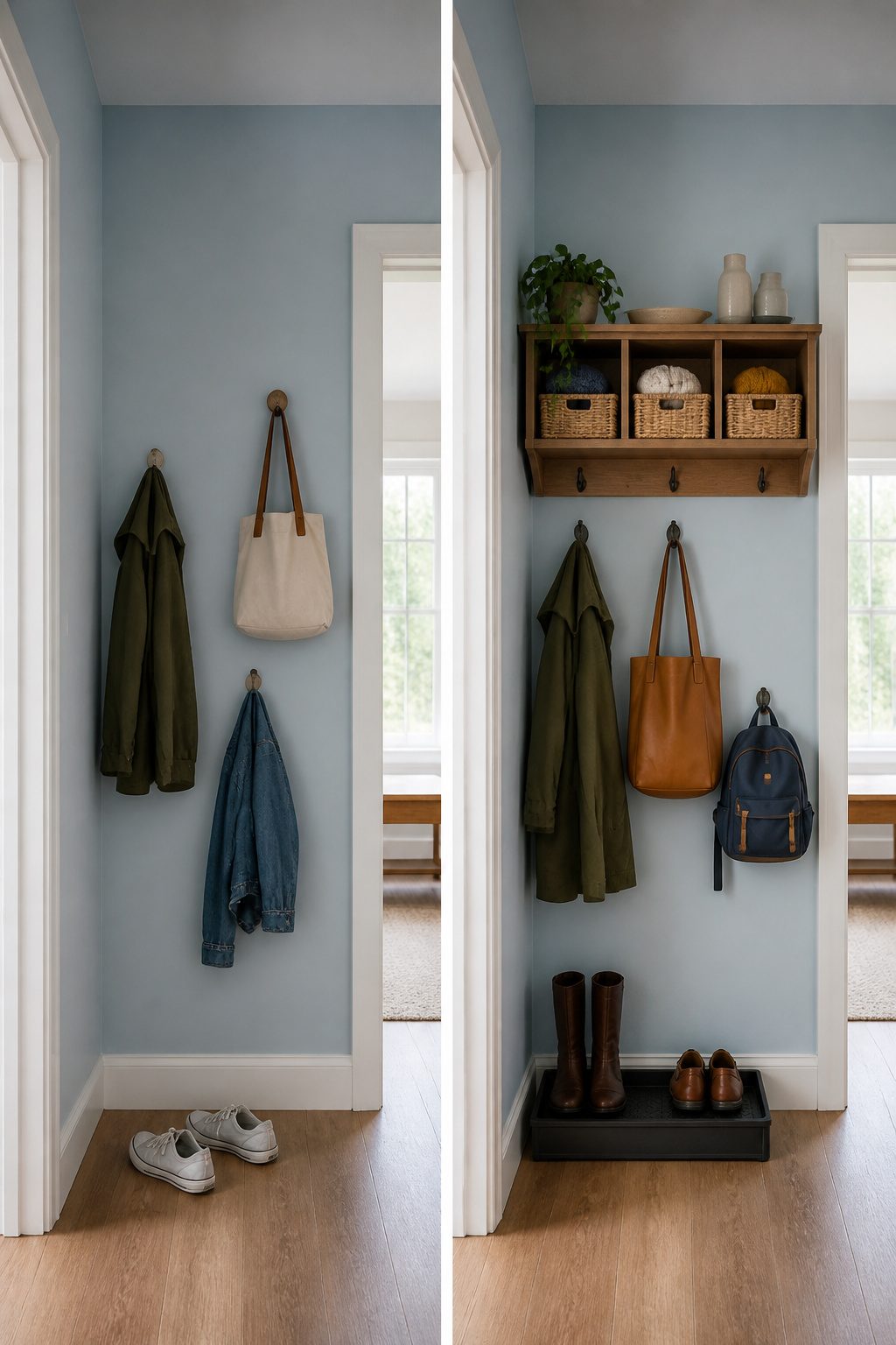 What Is a Drop Zone in a House? 6 Practical Ideas for 2026 3 A slim hallway with hooks and a shelf for storage.