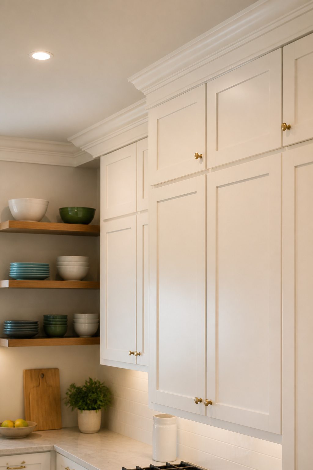Extending Kitchen Cabinets to the Ceiling: A Complete Guide 5 Primed MDF crown molding installed atop kitchen cabinetry.