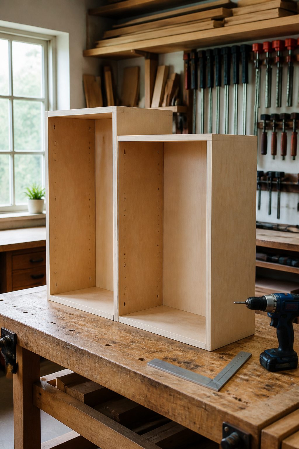 Extending Kitchen Cabinets to the Ceiling: A Complete Guide 2 Partially constructed extension boxes on a workbench in a workshop.