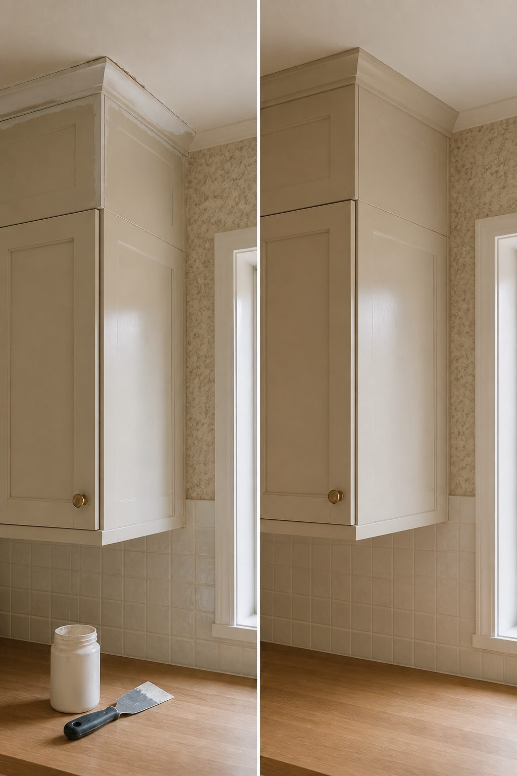 Extending Kitchen Cabinets to the Ceiling: A Complete Guide 6 Wood filler and caulk being applied to cabinet extension joints.