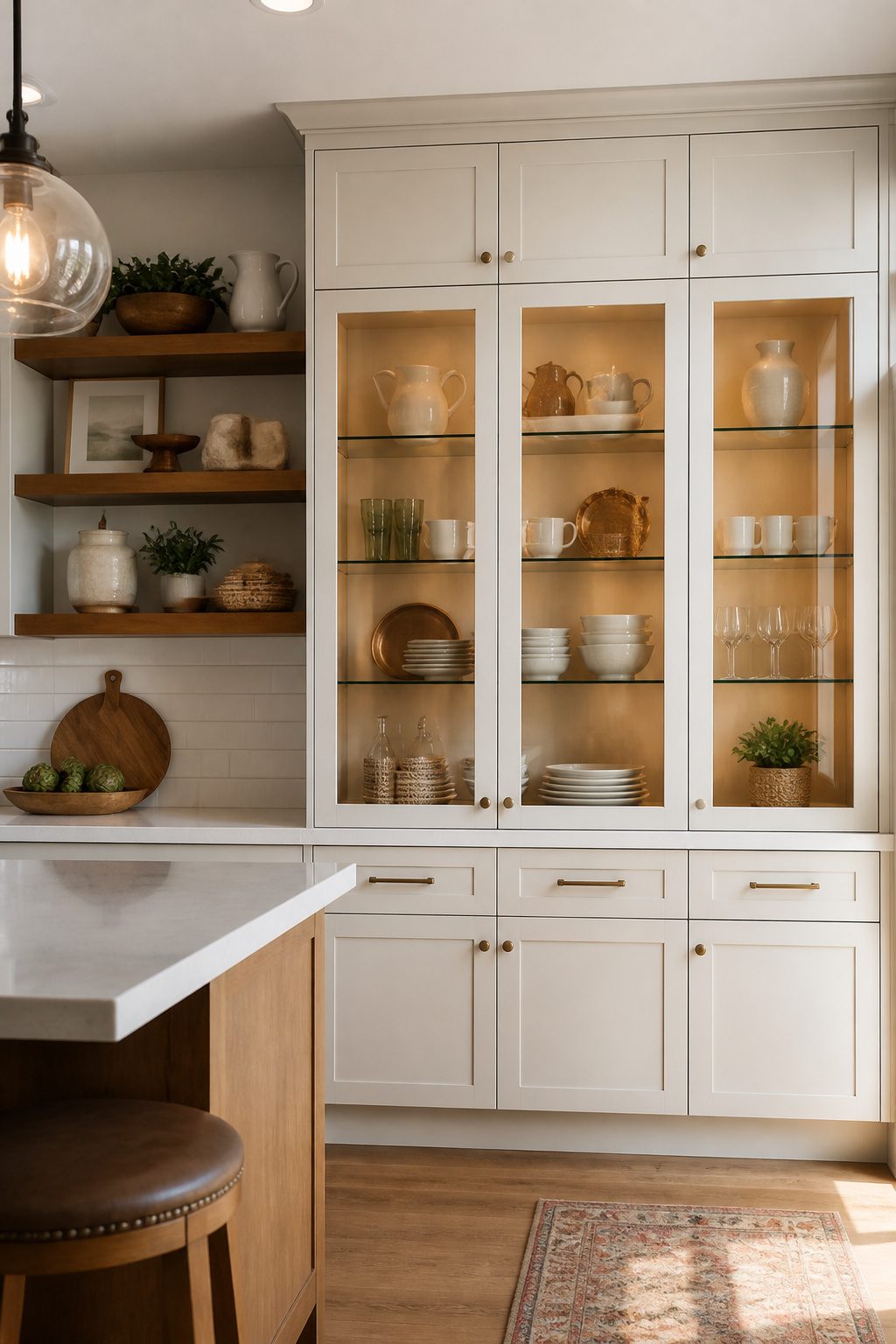 Extending Kitchen Cabinets to the Ceiling: A Complete Guide 8 Glass front cabinets displaying dishware in a kitchen setting.