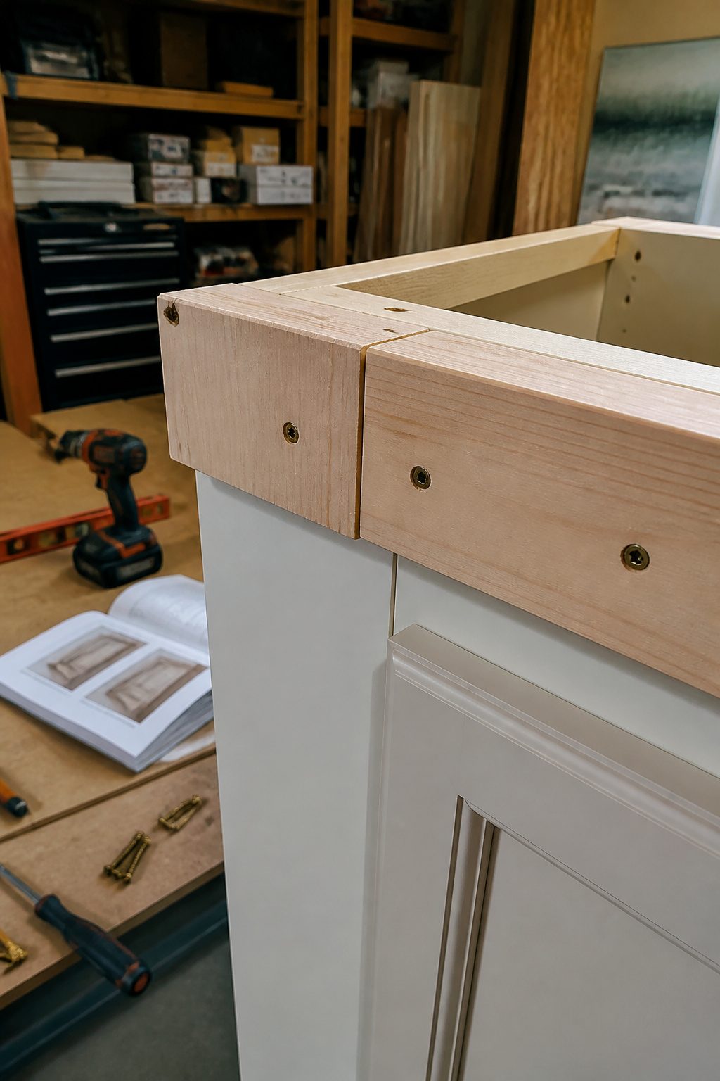 Extending Kitchen Cabinets to the Ceiling: A Complete Guide 3 2x2 blocking assembly flush against the tops of kitchen cabinets.