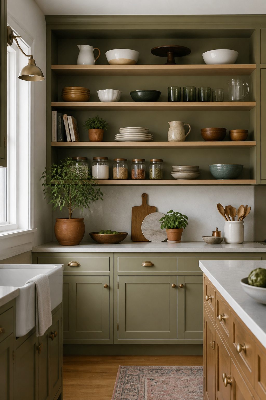 Extending Kitchen Cabinets to the Ceiling: A Complete Guide 7 Open shelves above cabinets displaying colorful dishes and jars.