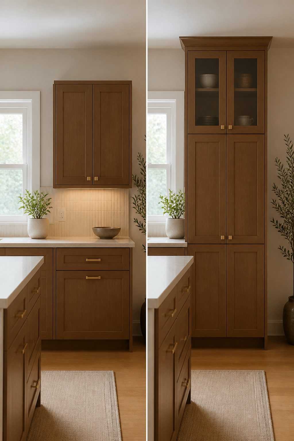 Extending Kitchen Cabinets to the Ceiling: A Complete Guide 10 Two-door stacked cabinets installed in a kitchen with high ceilings.